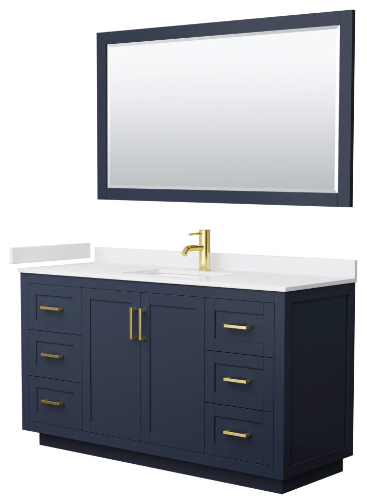 60"SGL Vanity Dark Blue, White Cult. Marble Top, Sink, Gold Trim, 58"Mirror