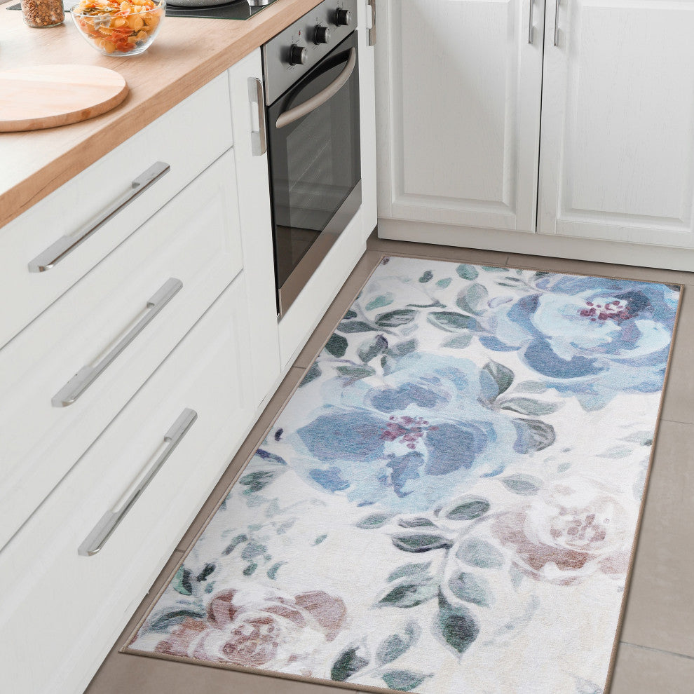 My Magic Carpet Washable Rug Sasha Floral Cream Blue, 3' X 5'