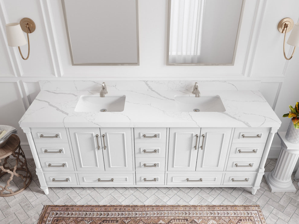 Aberdeen 84 Double Sink Bath Vanity in White 2" Pearl Gray