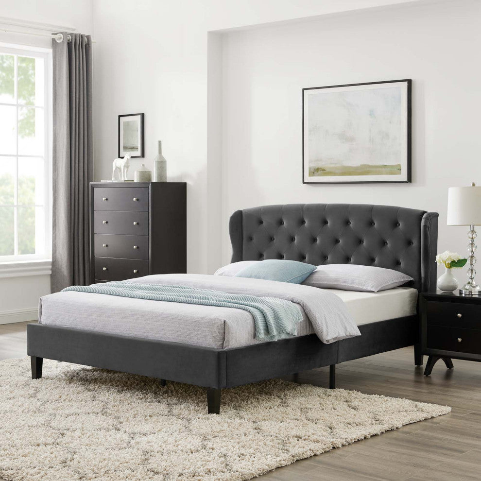Platform Bed Frame, Queen Size, Velvet, Dark Gray, Modern Contemporary