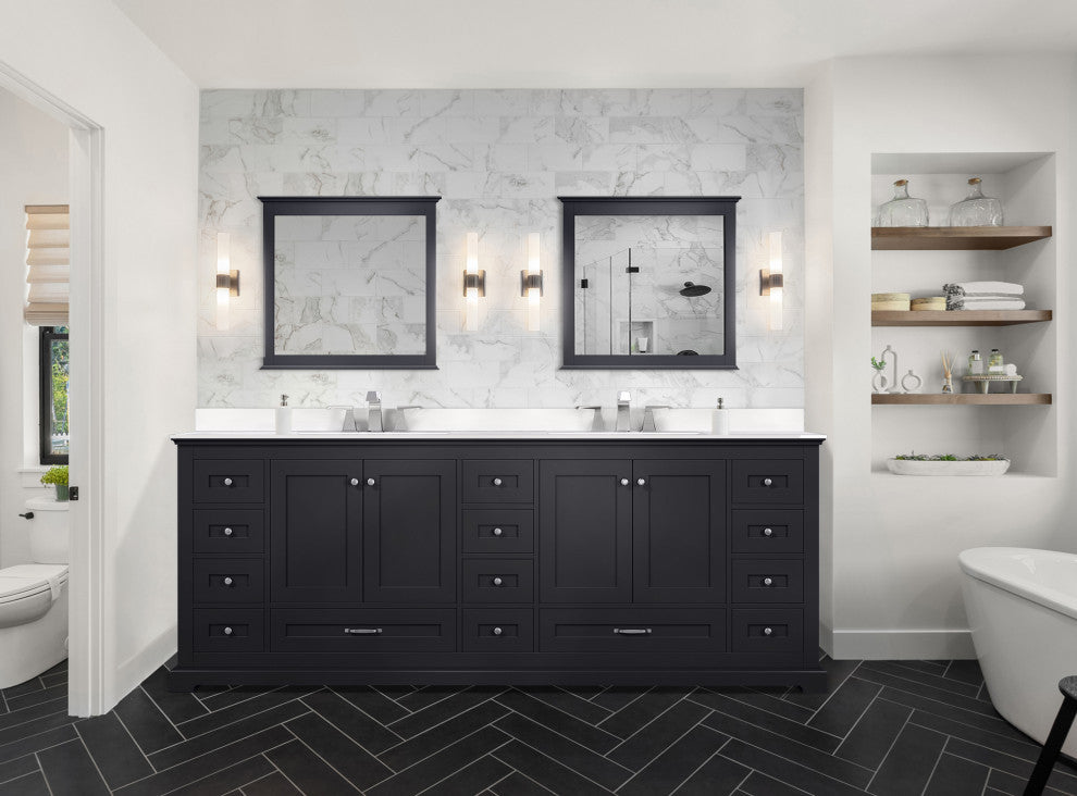 Dukes 84" Espresso Double Square Sink Vanity with Quartz Top, With Mirror and Fa