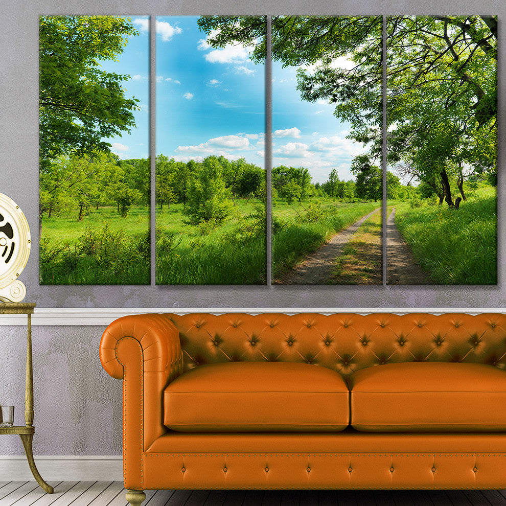 Green Forest Road and Blue Sky, Modern Landscape Canvas Art, 48"x28", 4 Panels