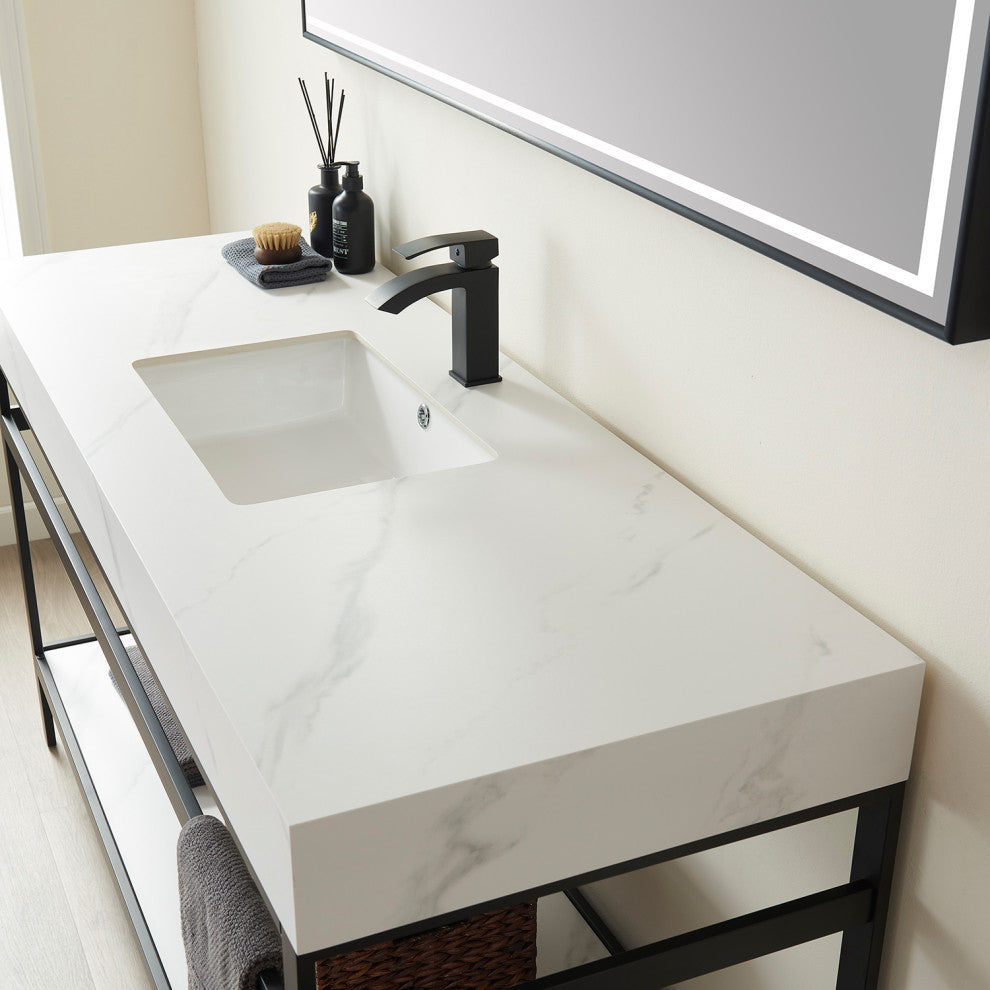 Funes Bath Vanity with Mirror, Matte Black Support, 60'' Single Sink, White Stone Top