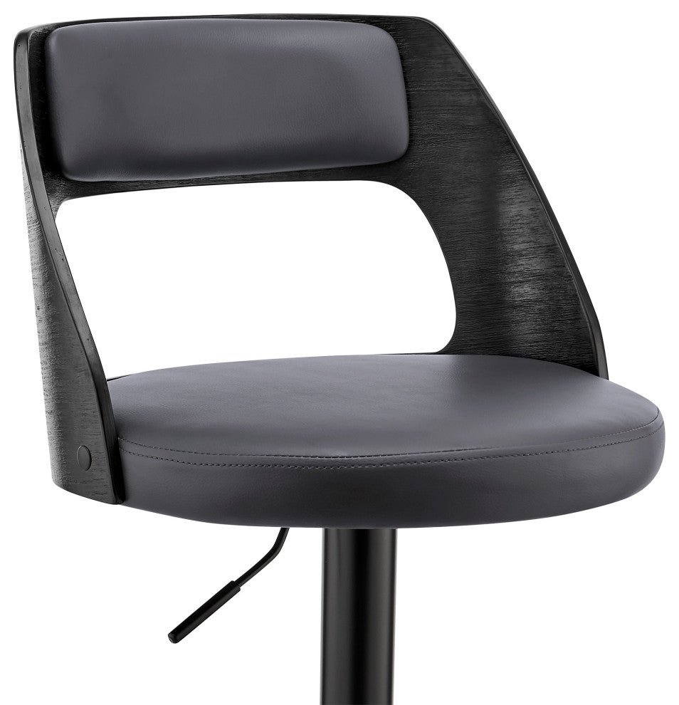 Gray Upholstered Black Base Adjustable Swivel Bar Stool