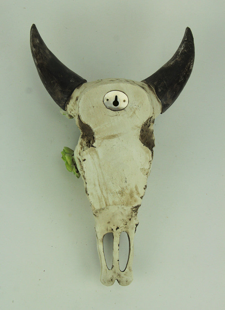 Aged Bull Skull with Succulent Plants Hanging Statue