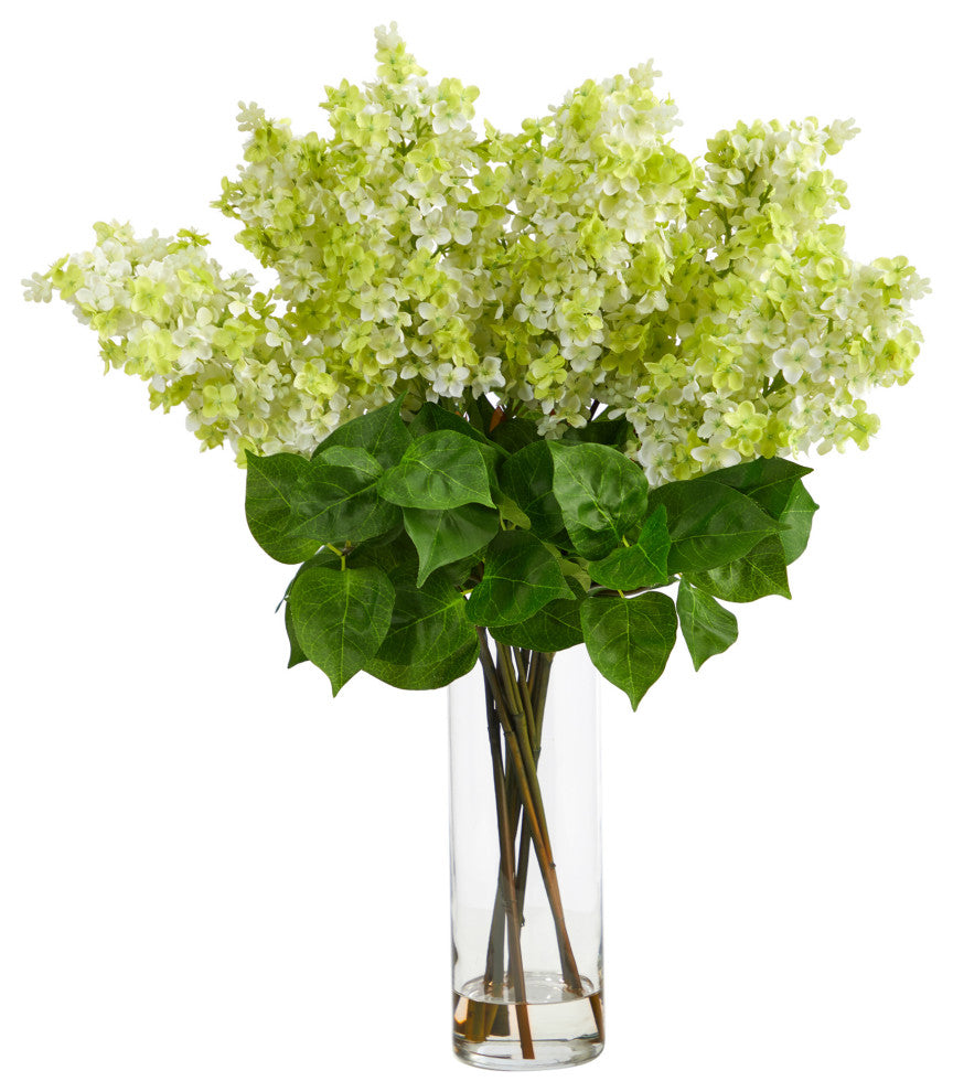 24in. Artificial Lilac Arrangement with Cylinder Glass Vase