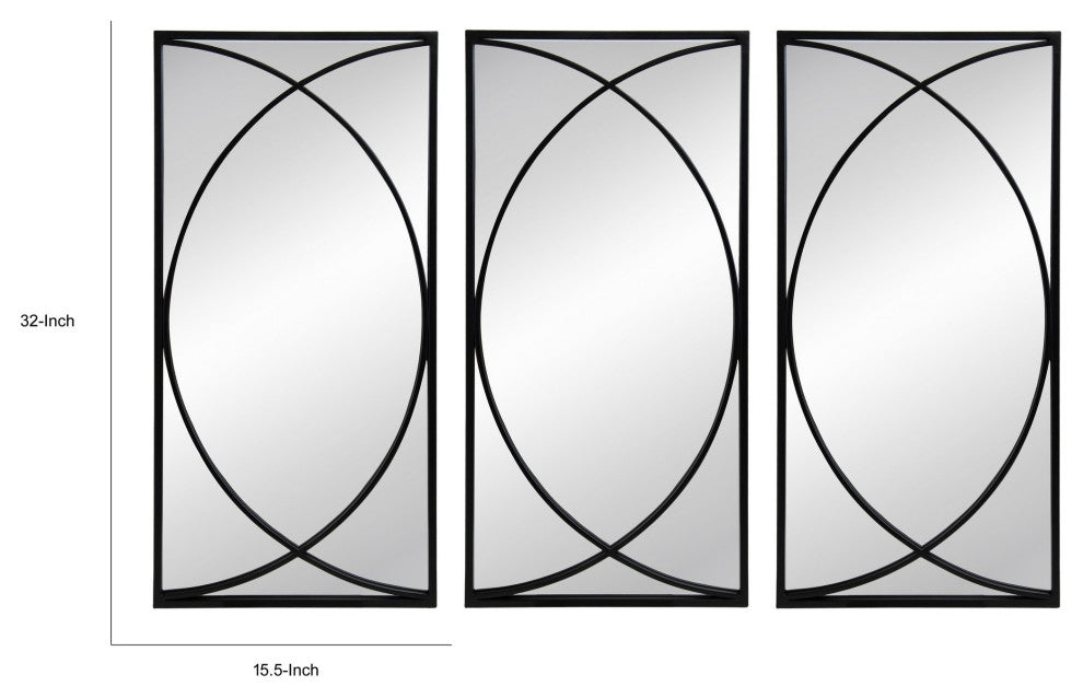 Benzara BM286307 32" 3 Piece Wall Mirror, Circles, Stylish Black Metal Frame