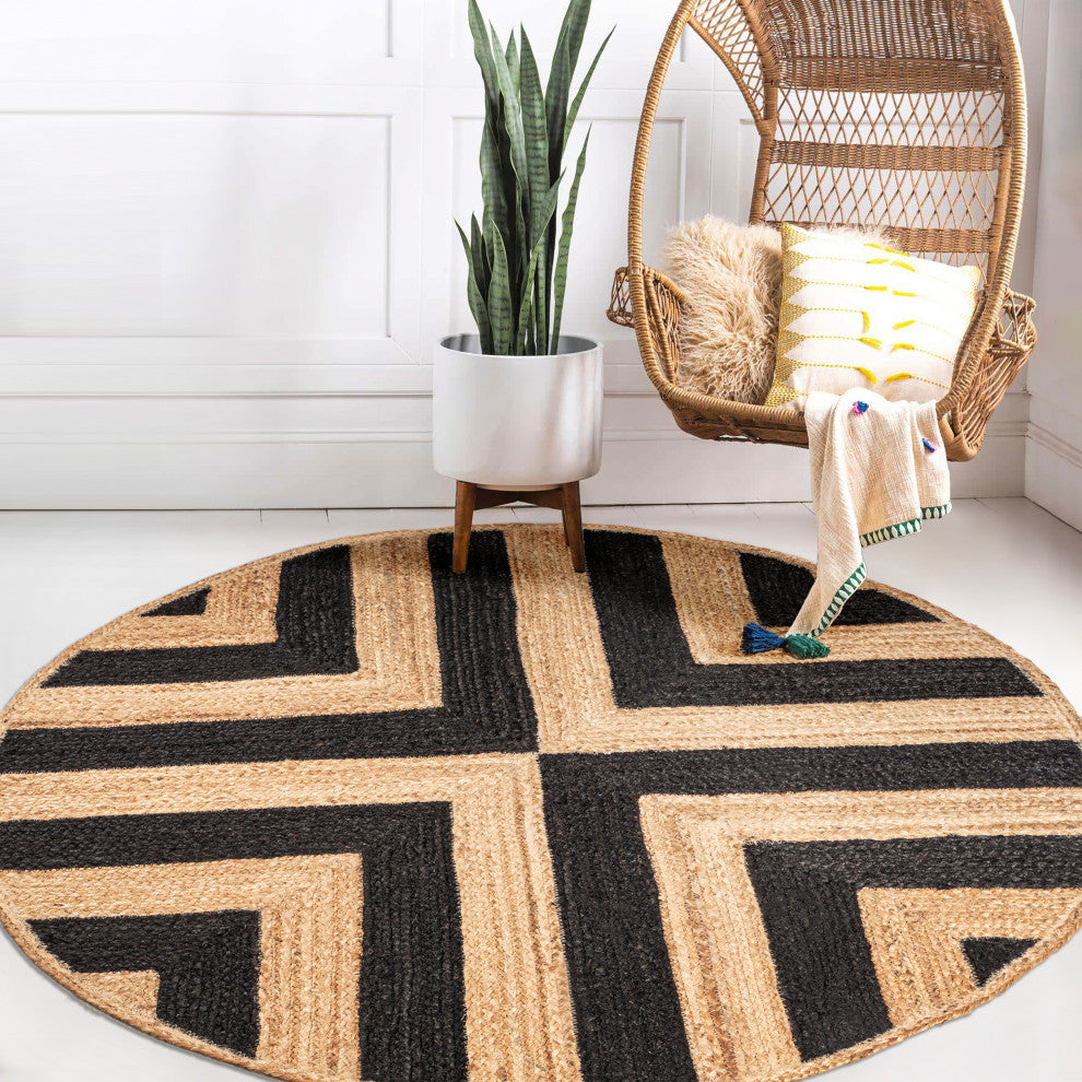 Piper Two-Tone Chevron Round Jute Round Area Rug, Black/Natural, 4' Round