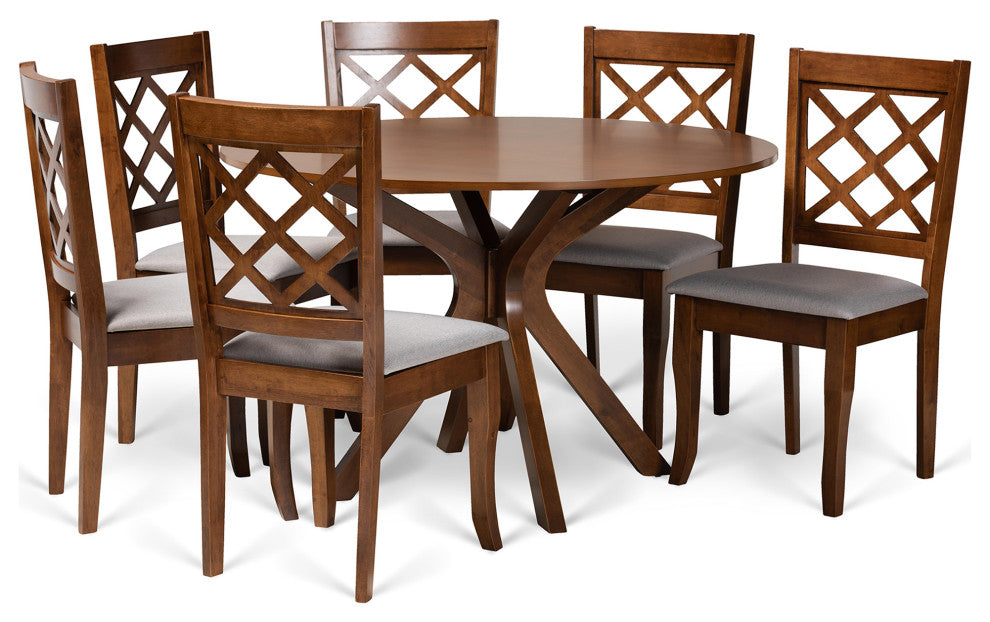 Cleo Modern Gray Fabric and Walnut Brown Wood 7-Piece Dining Set