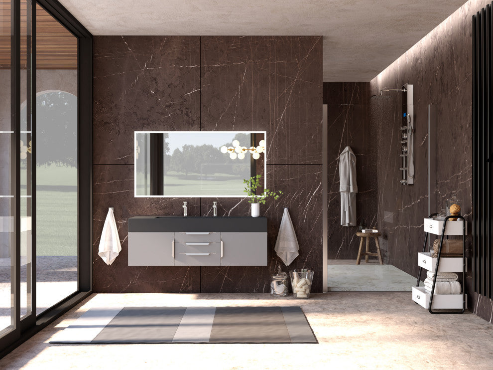 CastelloUSA Nile 60" Wall Mounted Vanity Set, Gray, Black Top, Chrome Handles