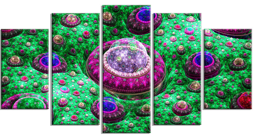 Green Fractal Exotic Planet, Contemporary Canvas Art Print, 60"x32", 5 Panels