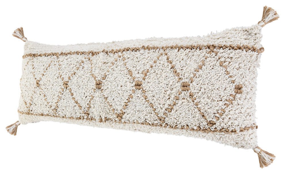 Boho-Chic Diamond Jute and Cotton Throw Pillow, 14" X 36"