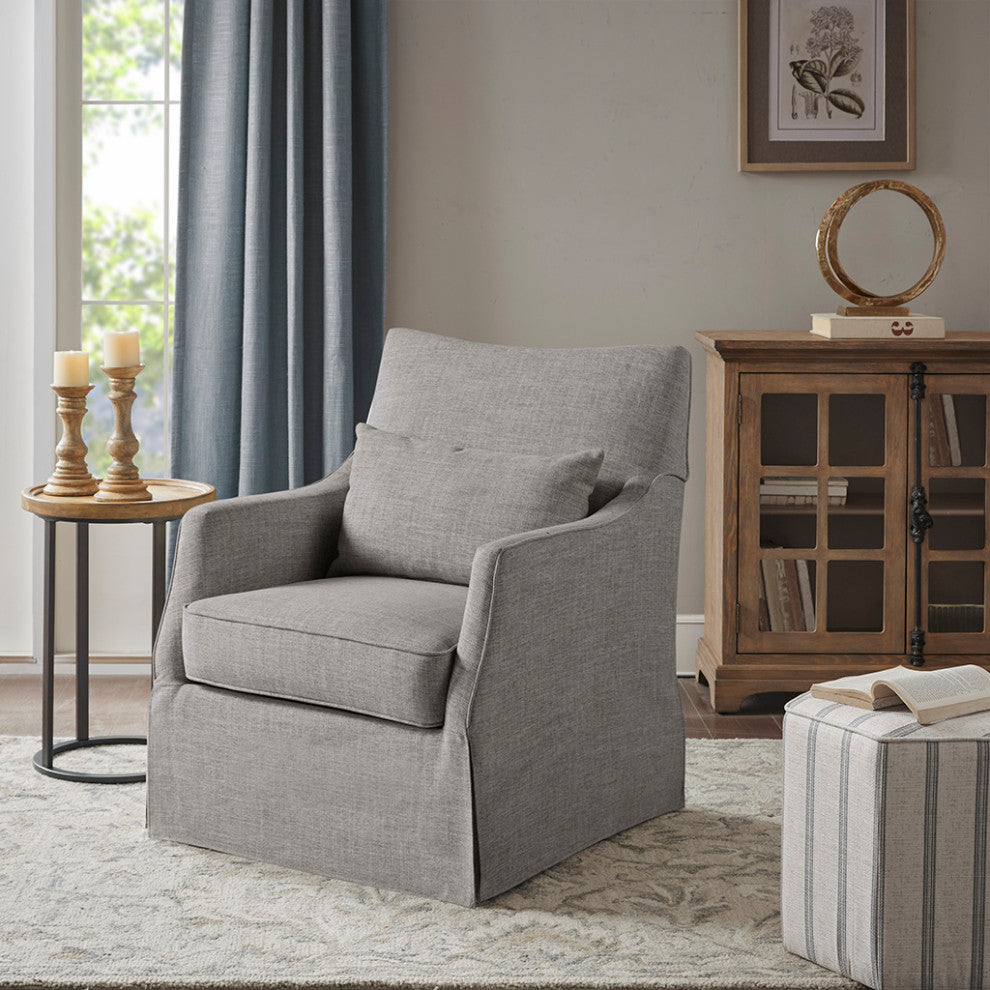Martha Stewart Upholstered Skirted Swivel Armchair with Pillow, Grey