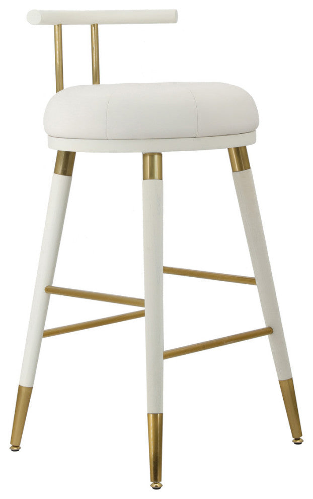 Dolores White Faux Leather Counter Stool, Tufted Gold Round Seat Barstool, Bar Stool