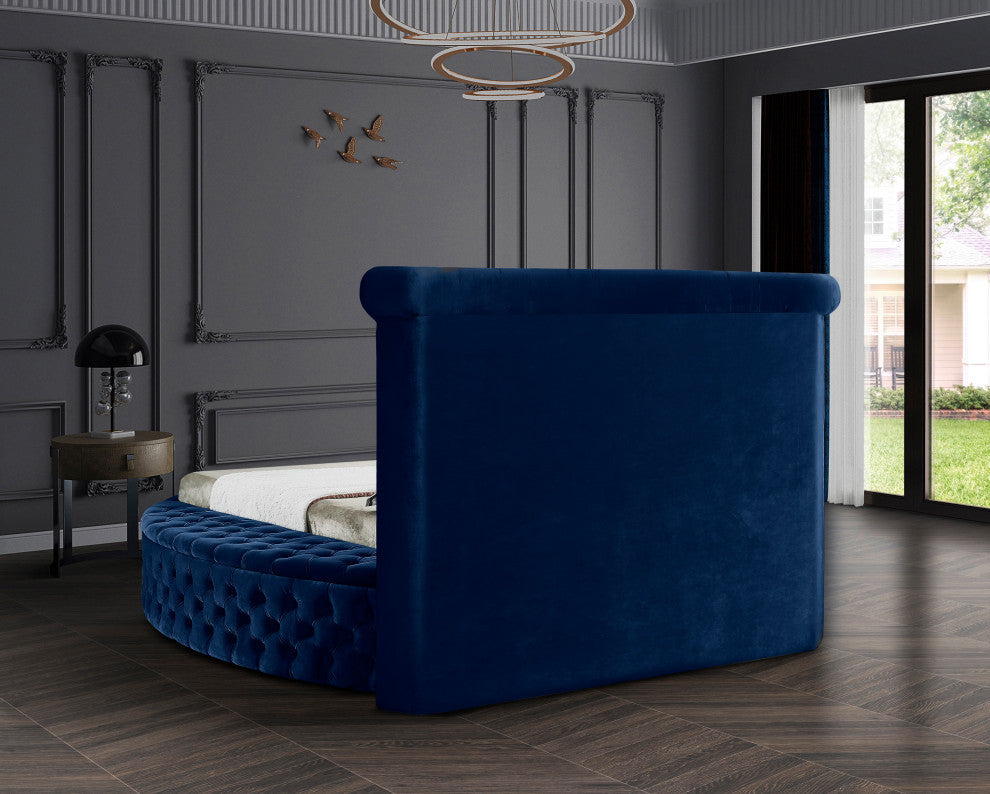 Luxus Button Tufted Velvet Round Bed, Navy, King