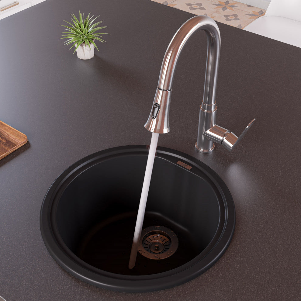 ALFI brand AB1717DI-BLA Black 17" Drop-In Round Granite Kitchen Prep Sink