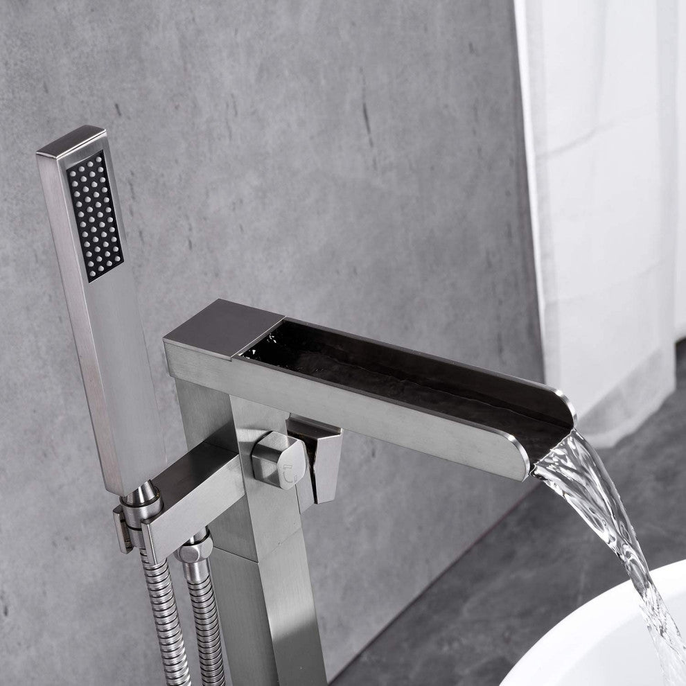 Single Handle Floor Mounted Freestanding Tub Filler with Hand Shower, Brushed Ni