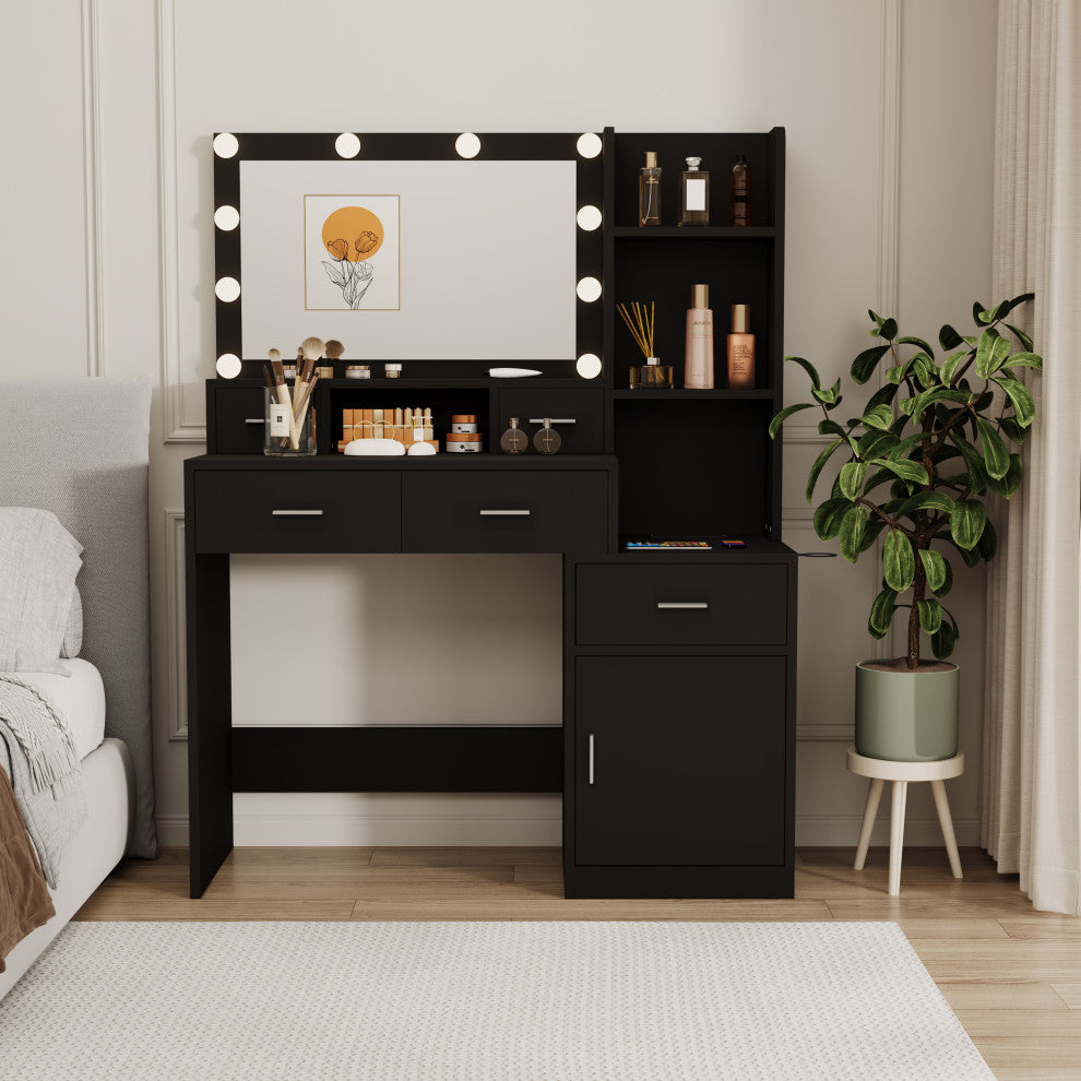TATEUS Modern Makeup Vanity with 10 Light Modes and Ample Storage, Black White