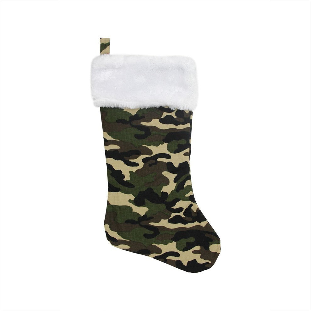 19" Army Camouflage Stocking With White Fur Cuff