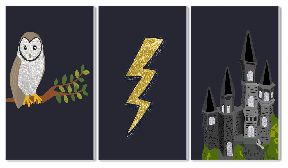 Wizardry Owl Castle and Lightning 3-Piece Wall Plaque Art Set, 10x15