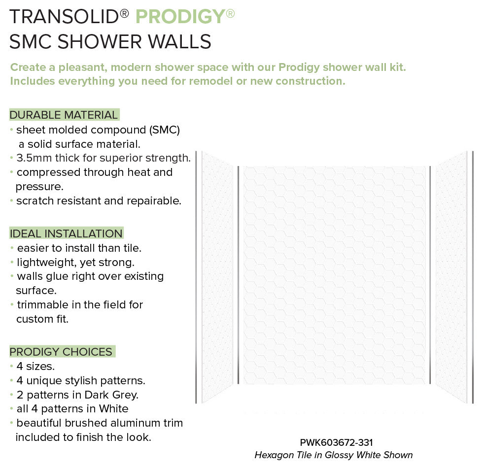 Transolid PWK603672-331 Prodigy 60"x36"x72" Shower Wall Kit, White Hexagon