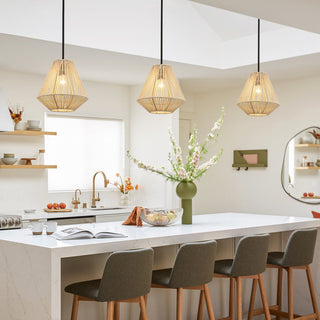 12" W 1-Light Rattan Single Pendant Light With Black Canopy