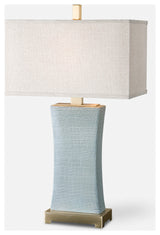 Textured Ceramic Pale Blue Gray Table Lamp 29 in Classic Hourglass Shape Bronze