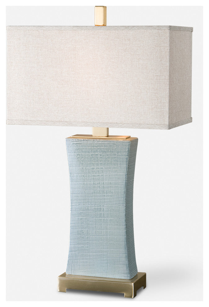 Textured Ceramic Pale Blue Gray Table Lamp 29 in Classic Hourglass Shape Bronze