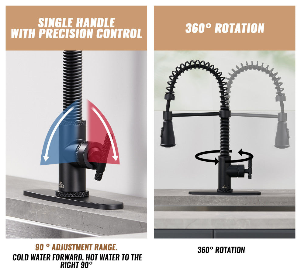 Single Handle Kitchen Faucet Pull-Down Sprayer, 360 Swivel, Three Functions, Matte Black
