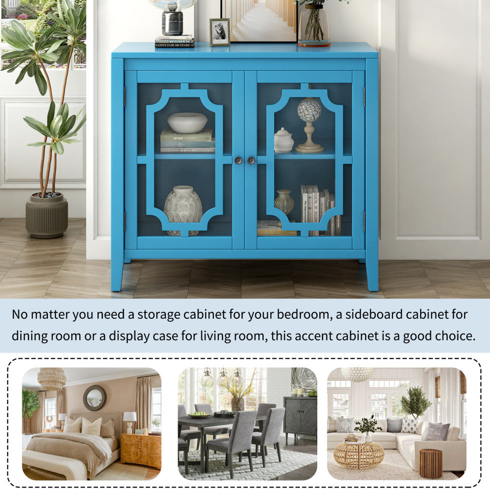 Wood Double Glass Door Accent Cabinet, Blue, 34" X 15"