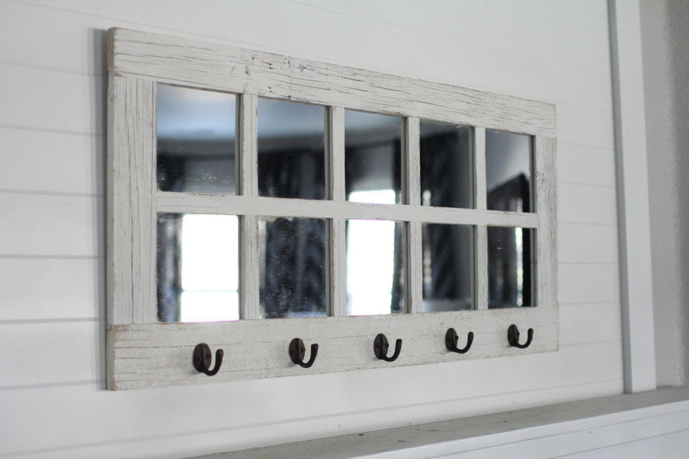Windowpane Mirror With Coat Hangers, 10 Pane, White