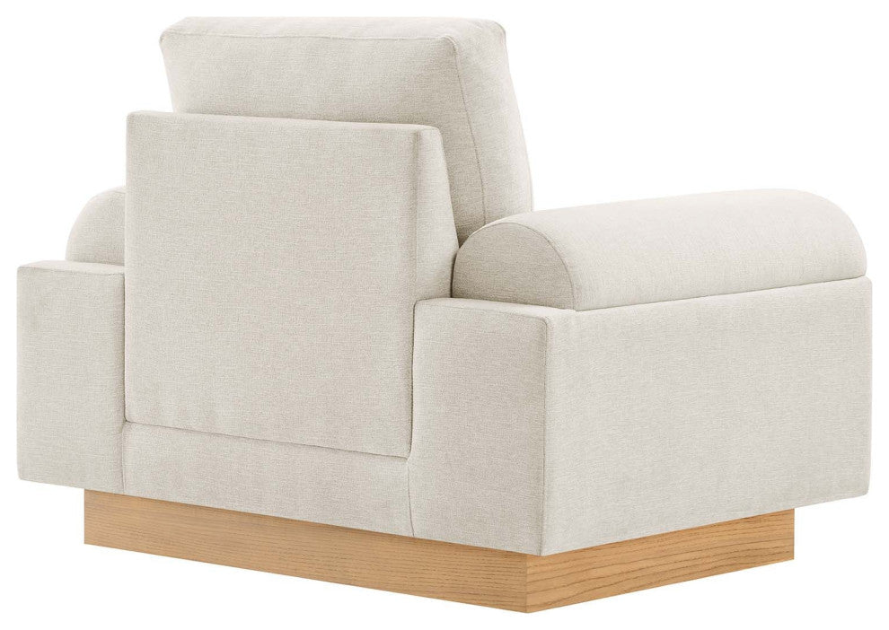 Modern Fabric Armchair with Wooden Plinth Base, Bolster Chair, Ivory