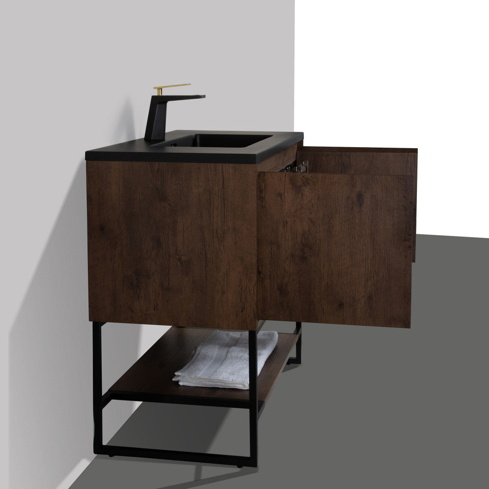 Freestanding Bath Vanity Set, Rose Wood, Integrated Solid Surface Sink, 36"