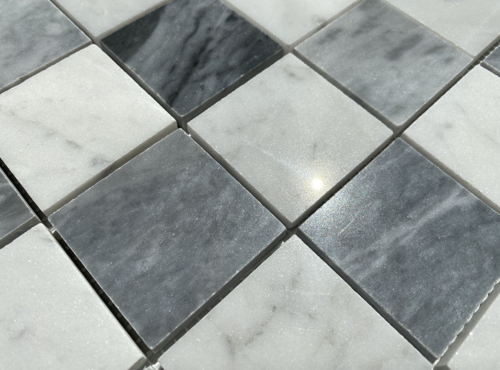 Carrara White Bardiglio Gray Marble Checkerboard Mosaic Tile Polished, 1 sheet