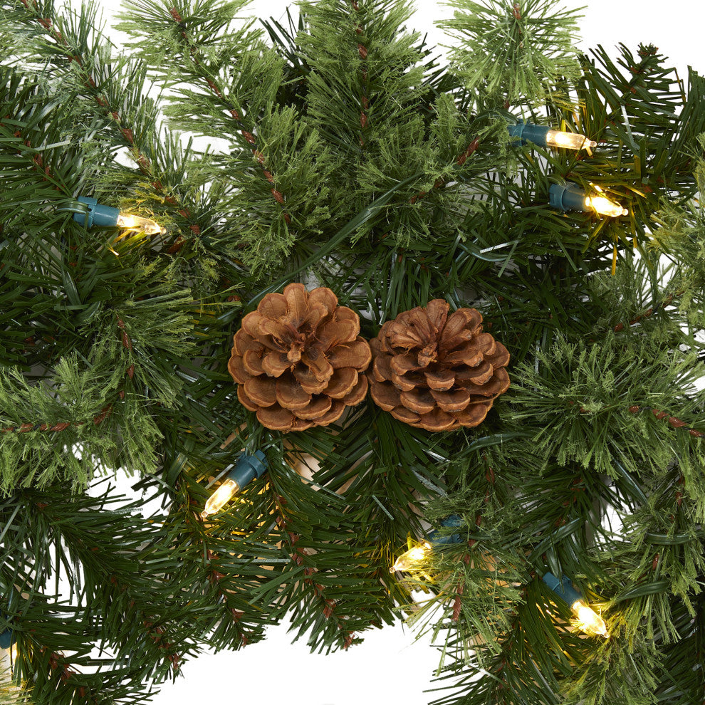 6' Christmas Artificial Garland With 50 Clear LED Lights and Pine Cones