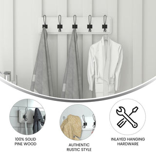24 Inch Wall Mounted Solid Wood Storage Rack with 5 Hanging Hooks, White