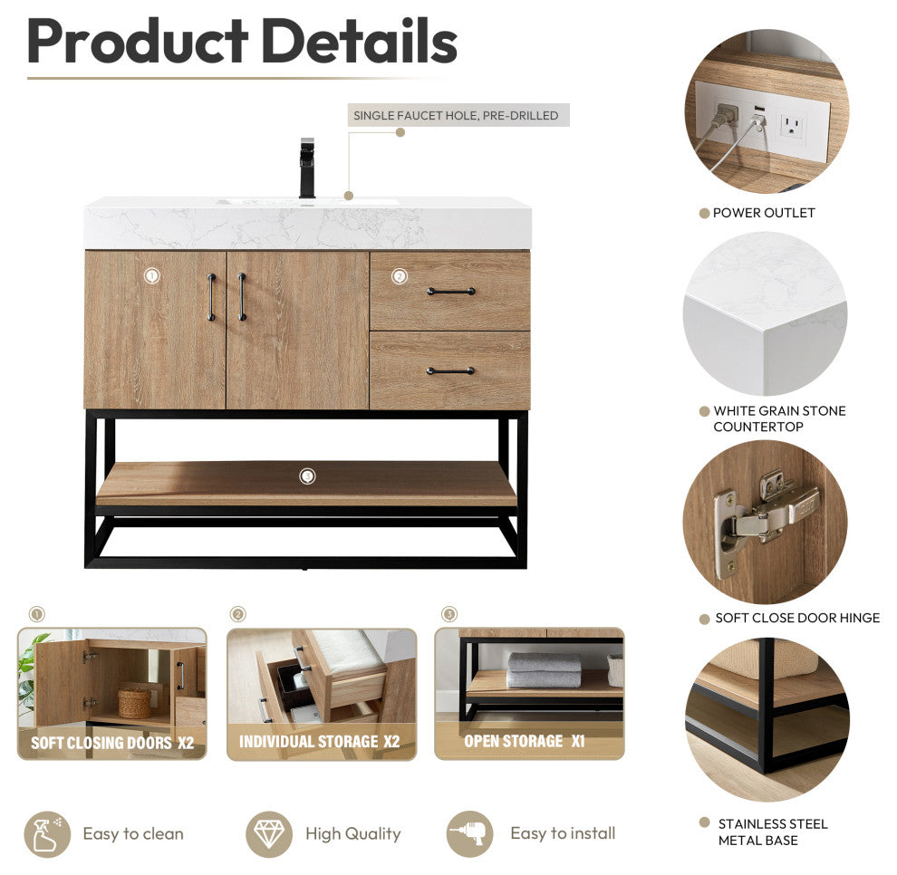 Alistair Vanity, North American Oak, Matte Black Hardware, 42", With Mirror