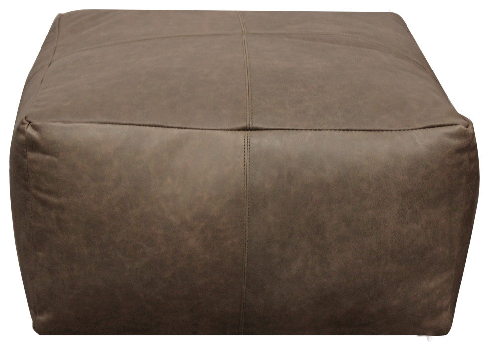 Java Pouf Upholstered, Genuine Leather, Gray and Contrast Stitching