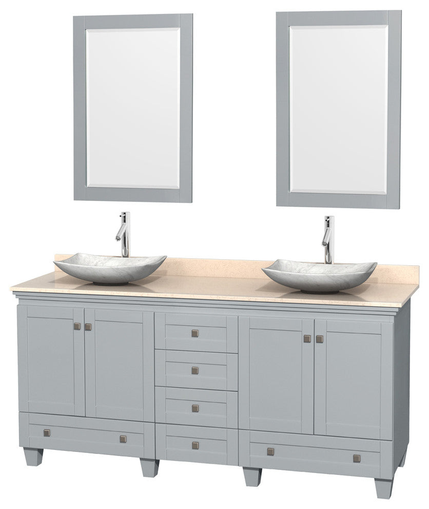 Acclaim Oyster Gray DBL Vanity 24" Mirrors 72" Ivory Marble, White Carrera Marbl
