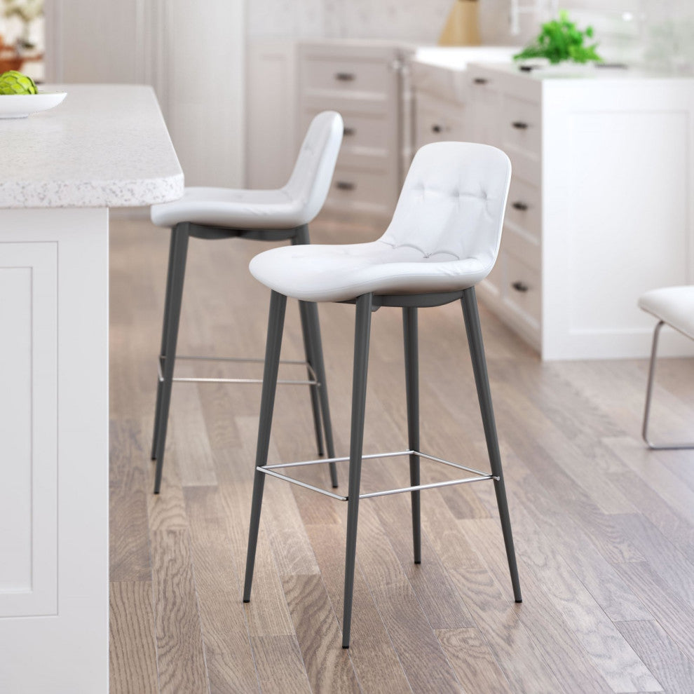 Bar Stool Chair, Set of 2, Faux Vinyl Leather, Steel, White, Dark Gray