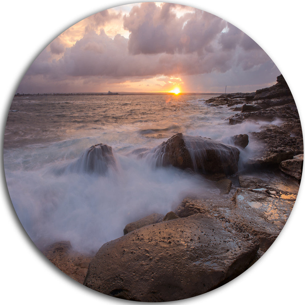 Waves Hitting Rocks In Australia Coastline, Circle Metal Wall Art, 11"