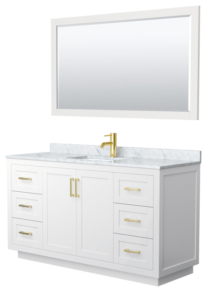 60" Single Bath Vanity, White, Carrara Countertop, Sink, Gold Trim, 58" Mirror
