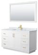 60" Single Bath Vanity, White, Carrara Countertop, Sink, Gold Trim, 58" Mirror