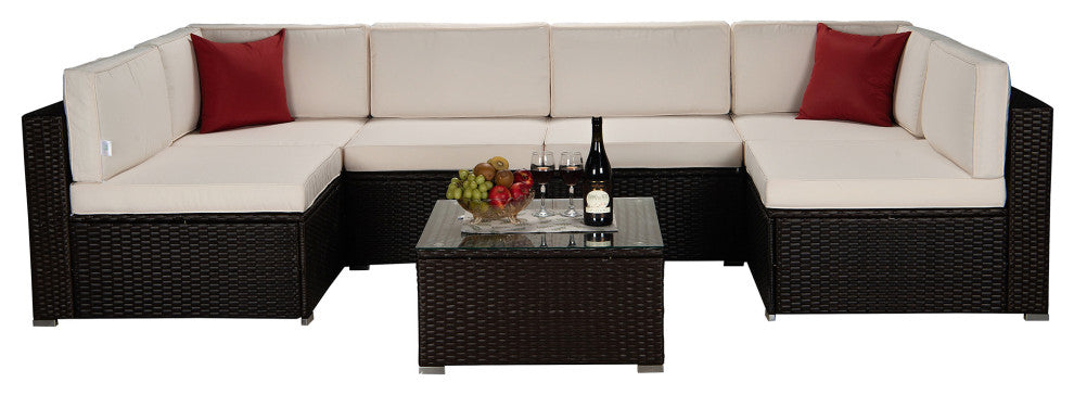 117" Wide Outdoor Wicker U-Shaped Patio Sectional With Cushions, Beige