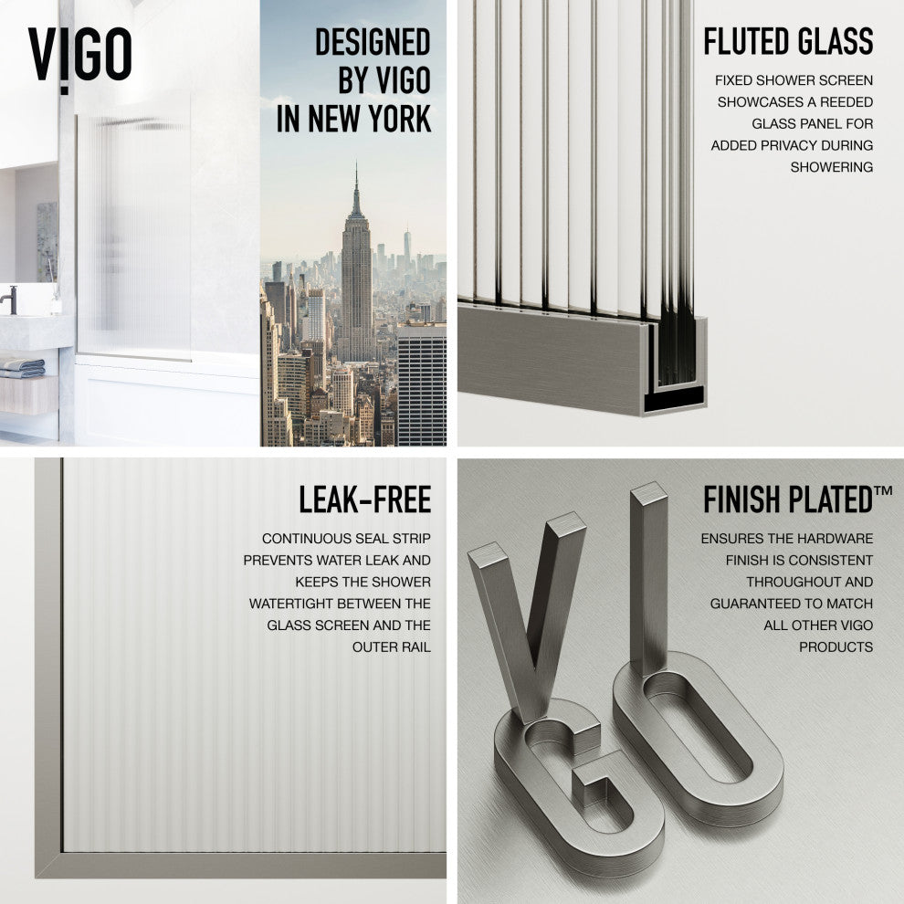 VIGO Zenith Frameless Fixed, Stainless Steel, Tub Screen, 34" W X 62" H, Fluted Glass