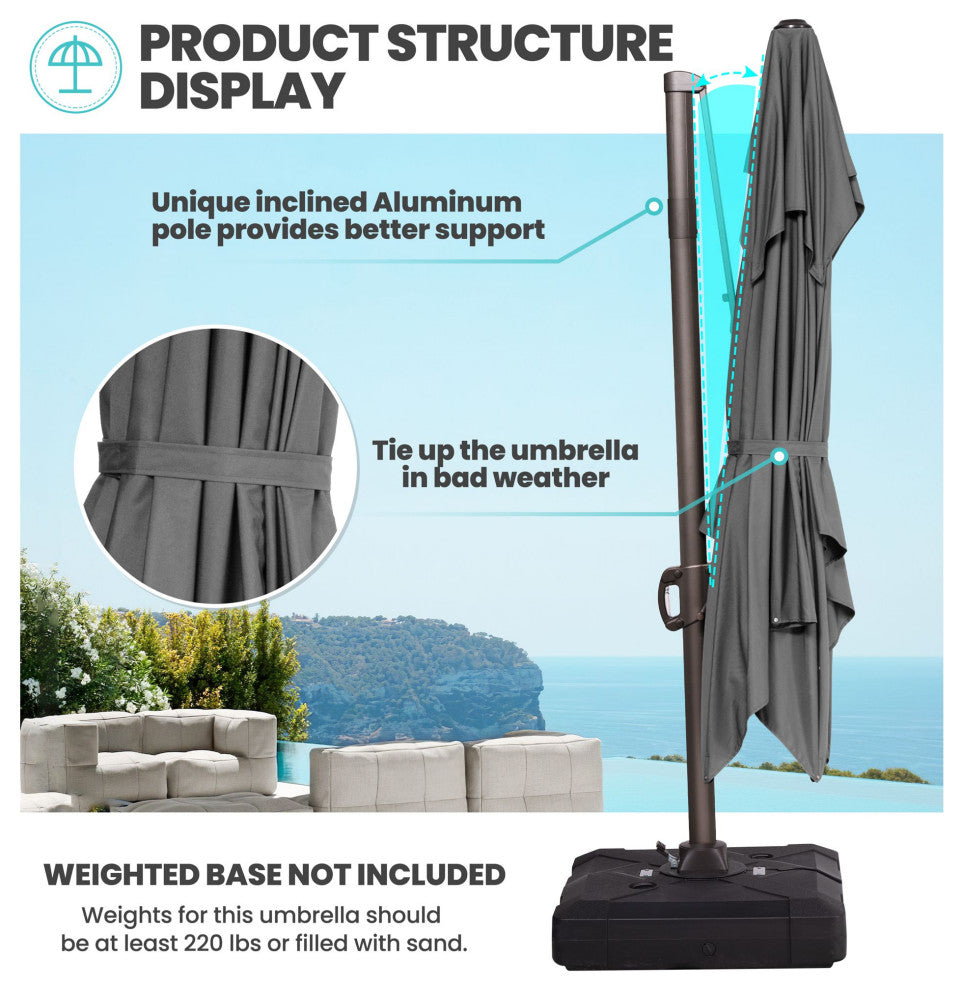 9X 11ft Patio Square Double Top Offset Umbrella Deluxe Cantilever Umbrella, Dark Gray