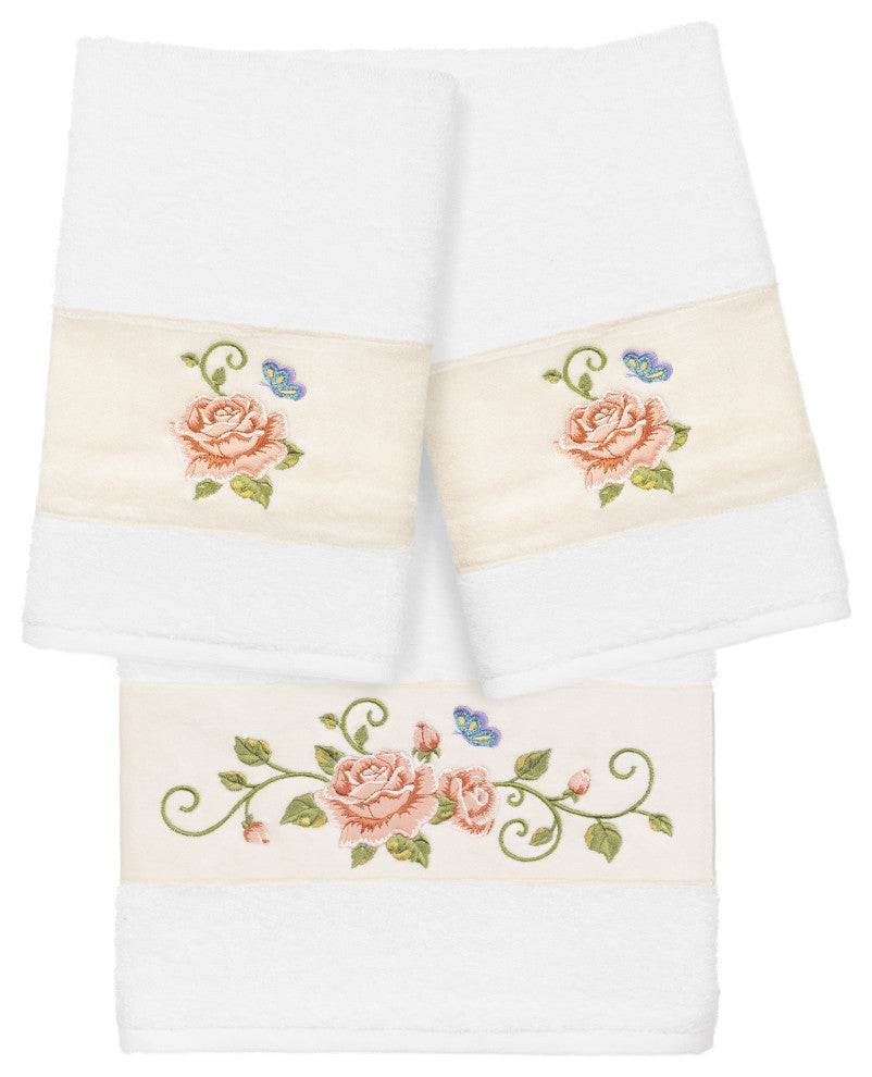 100% Turkish Cotton Rebecca 3-Piece Embellished Towel Set, White