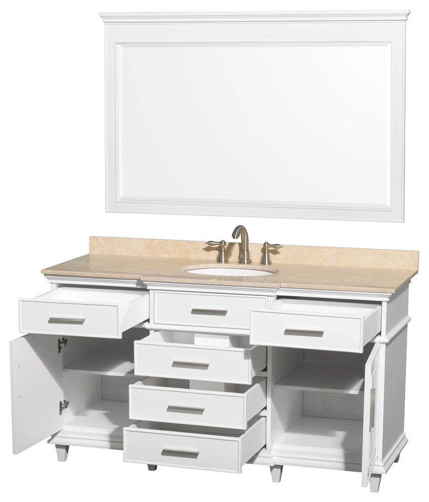 Berkeley 60" White Single Vanity, Ivory Marble Top, Um Rd Sink, 56"