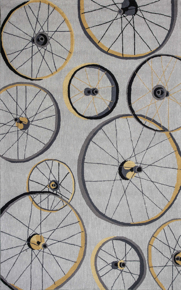 HomeRoots 8'x10' Grey Hand Hooked Wheels Indoor Area Rug