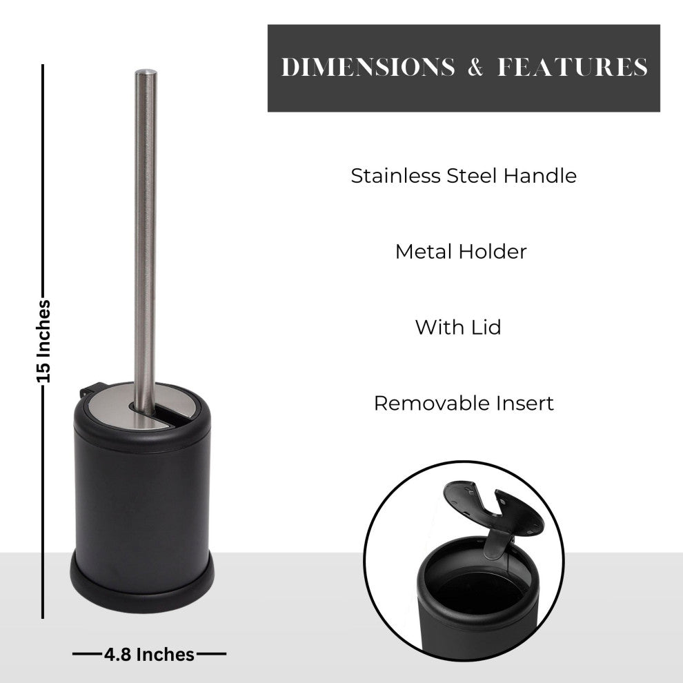 Toilet Brush Set with Stainless Steel Handle, Folding Lid and Removable Insert, Black
